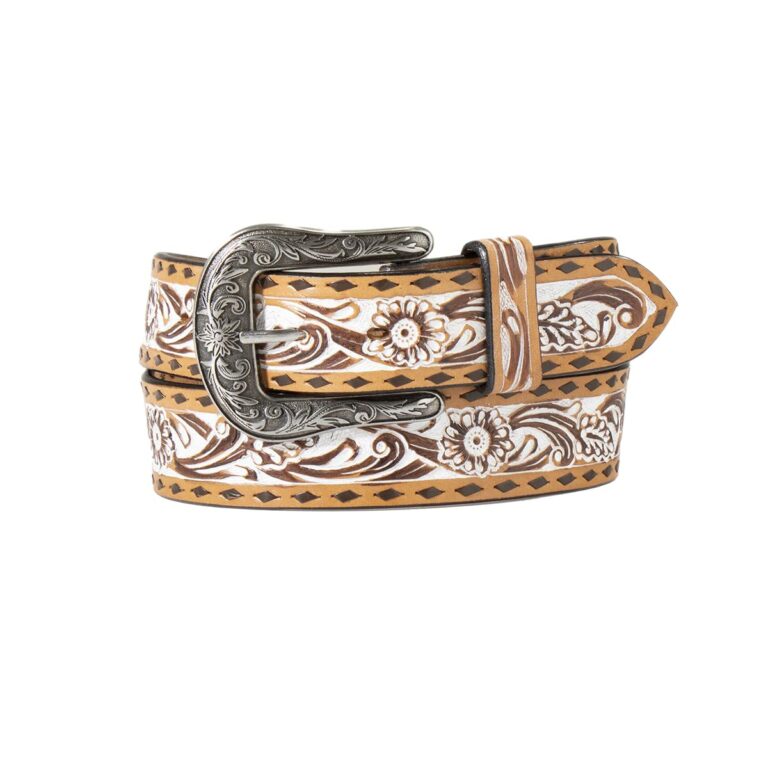 Angel Ranch Women's Belt 1 1/2" Hand Tooled Floral White Stain Tan, Size M