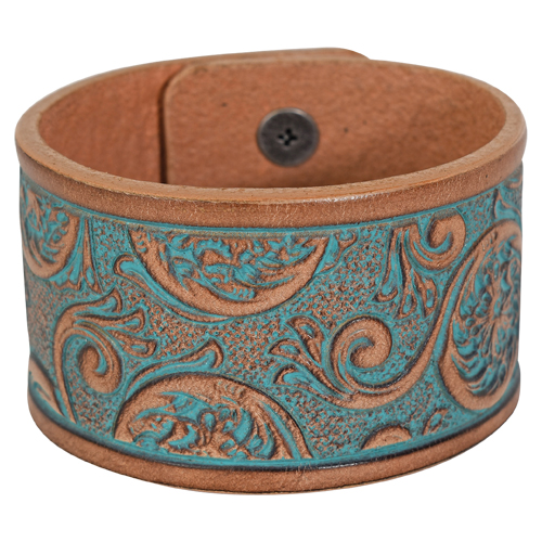 JUSTIN BRACELET, SADDLE BROWN TOOLED LEATHER CUFF, 2.25"W