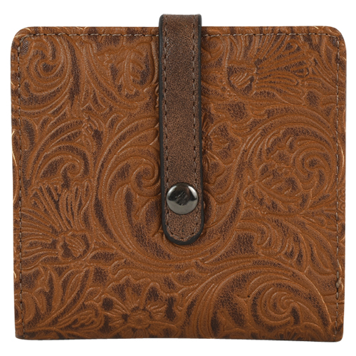 JUSTIN MIDI BIFOLD WALLET SADDLE BROWN TOOLED BROWN