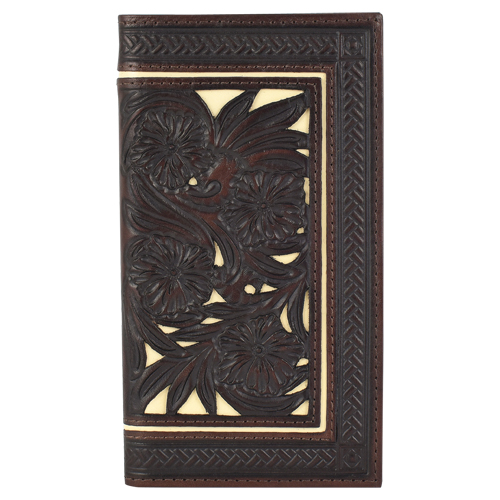 TONY LAMA GENUINE LEATHER MENS RODEO WALLET W/FLORAL TOOLING AND BONE INLAY