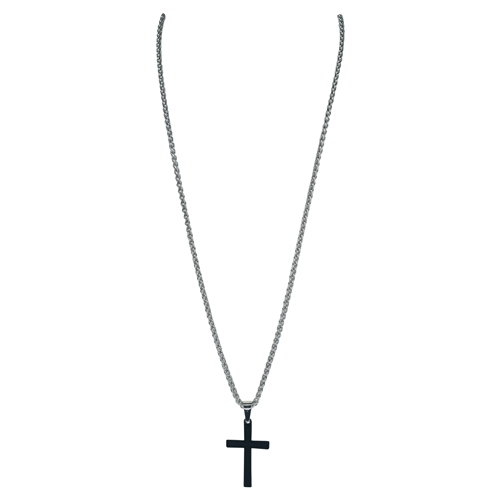 JUSTIN MENS NECKLACE BEVELED MATTE RUBBER COATED BLACK CROSS