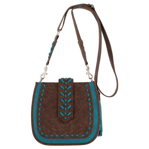 CATCHFLY LADIES SADDLE BAG BROWN AND TURQUOISE W/STITCHING