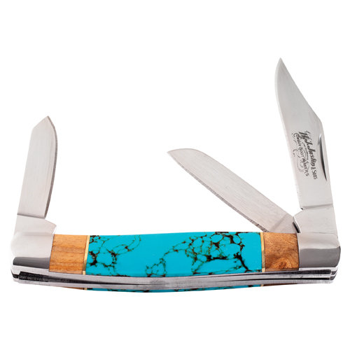 JUSTIN STOCKMAN KNIFE TURQUOISE COLORED STONE AND BURLWOOD HANDLE
