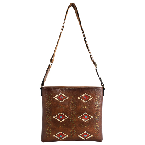 CATCHFLY LADIES CROSSBODY TAN EMBROIDERED AZTEC DESIGNS W/STUDS