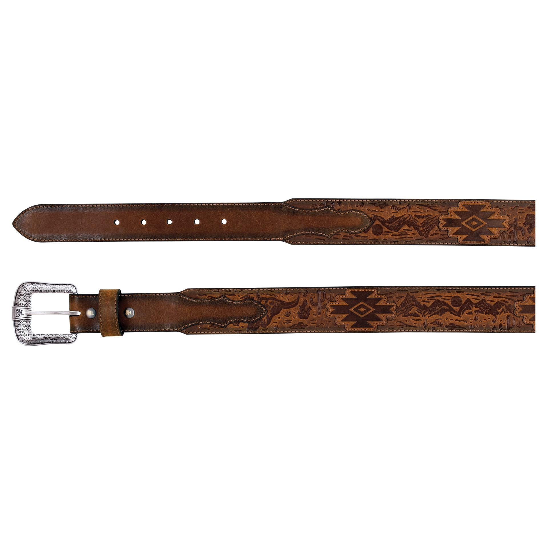 RED DIRT HAT CO MENS GENUINE LEATHER BELT BROWN DESERT SCENE W/AZTEC DESIGNS