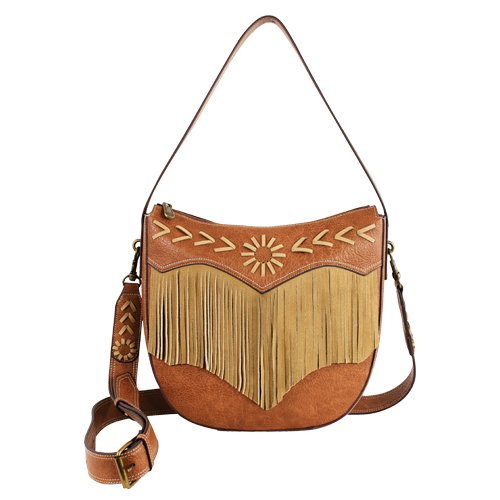 JUSTIN LADIES SHOULDER BAG TAN W/LEATHER STITCHING AND FRINGE