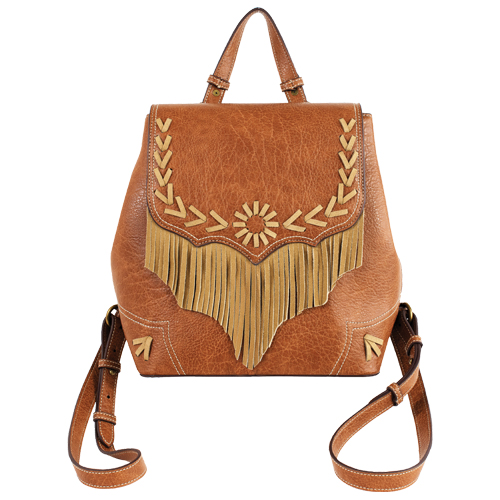 JUSTIN LADIES MINI BACKPACK TAN W/LEATHER STITCHING AND FRINGE