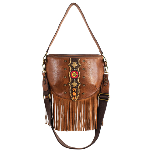 CATCHFLY LADIES SLING POUCH TAN MULTICOLORED WHIP STITCH FLOWERS W/STUDS AND FRINGE