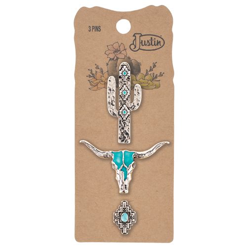JUSTIN HAT PIN 3 PACK ENAMEL STEER SKULL W/ENAMEL