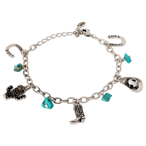 JUSTIN LADIES CHARM BRACELET SILVERTONE WITH TURQUOISE COLORED STONES