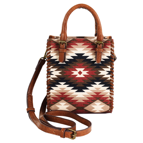 CATCHFLY LADIES MICRO TOTE TAN W/AZTEC DESIGN AND WHIPSTITCH