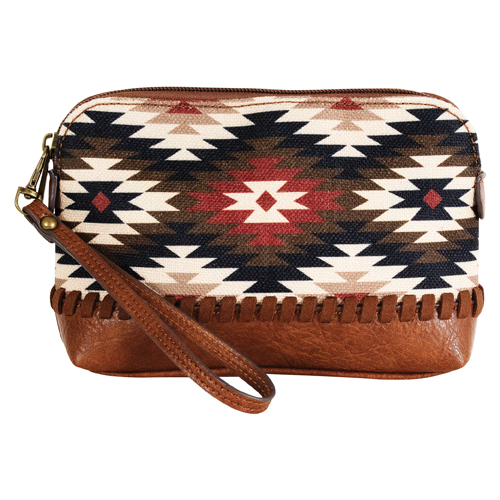 CATCHFLY LADIES COSMETIC POUCH TAN W/AZTEC DESIGN AND WHIPSTITCH