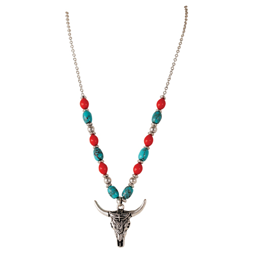 JUSTIN LADIES NECKLACE STEER SKULL W/SOUTHWESTERN DESIGN AND TURQUOISE, CORAL COLORED BEADS