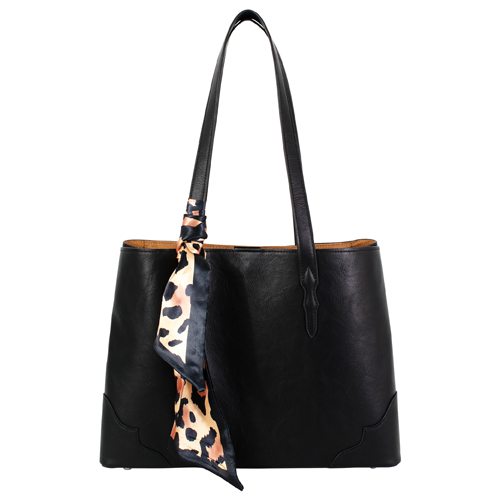 JUSTIN LADIES SIGNATURE TOTE BLACK WITH LEOPARD PRINT SCARF