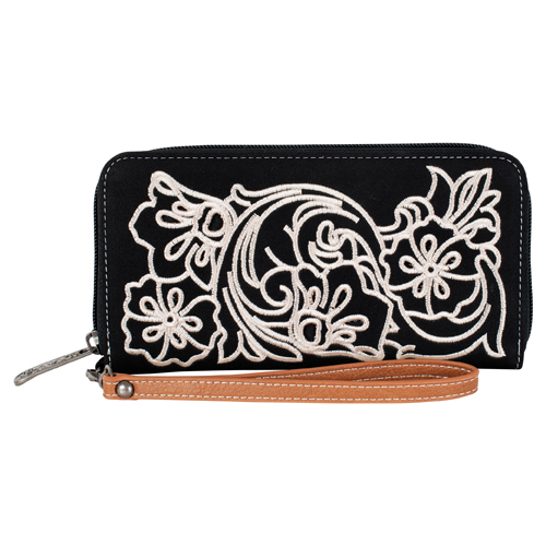 JUSTIN LADIES WRISTLET WALLET BLACK W/FLORAL EMBROIDERY