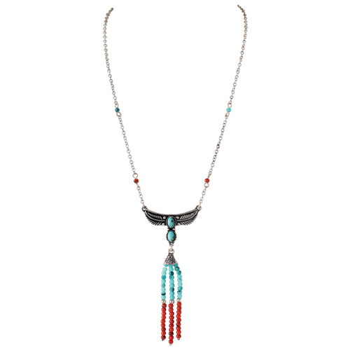 JUSTIN LADIES NECKLACE FEATHER BAR W/TURQUOISE COLORED STONES AND BEAD FRINGE