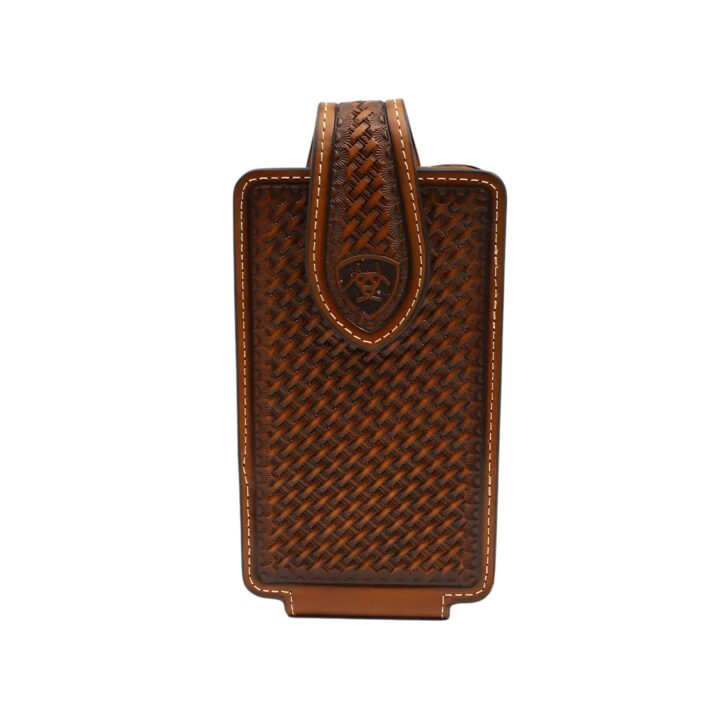 ARIAT Basketweave Shield Leather Cell Phone Holster, Magnetic Flap, 360 Degree Belt Clip, Fits iPhone 17/16/15/Pro and Galaxy S25/S24/S23/S22/S21, Brown, Small