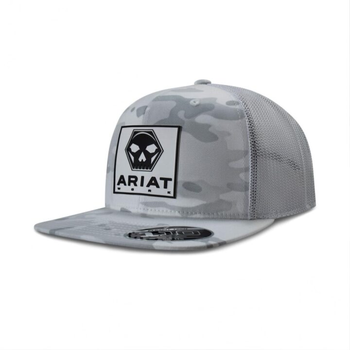 ARIAT Men's Skull Bolt Rubber Patch Snapback Cap, Flat Brim, White Camo, One Size