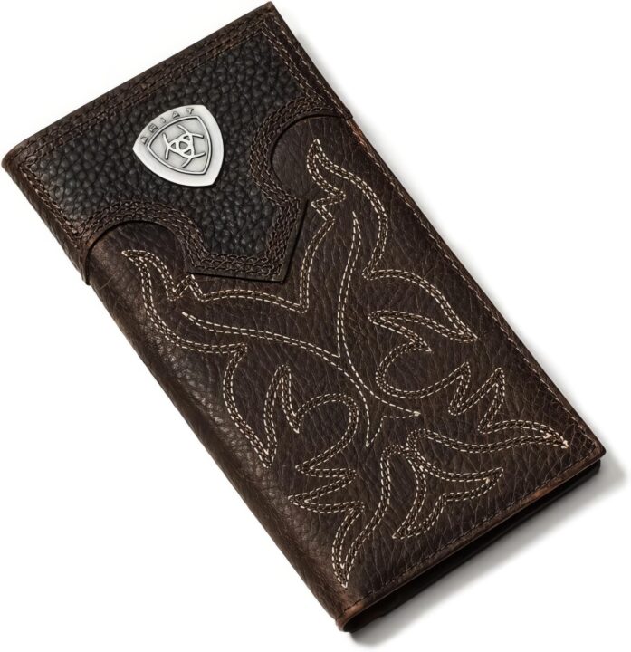 ARIAT Men's Rodeo Wallet, Boot Stitch Leather, Shield Concho, Dark Brown