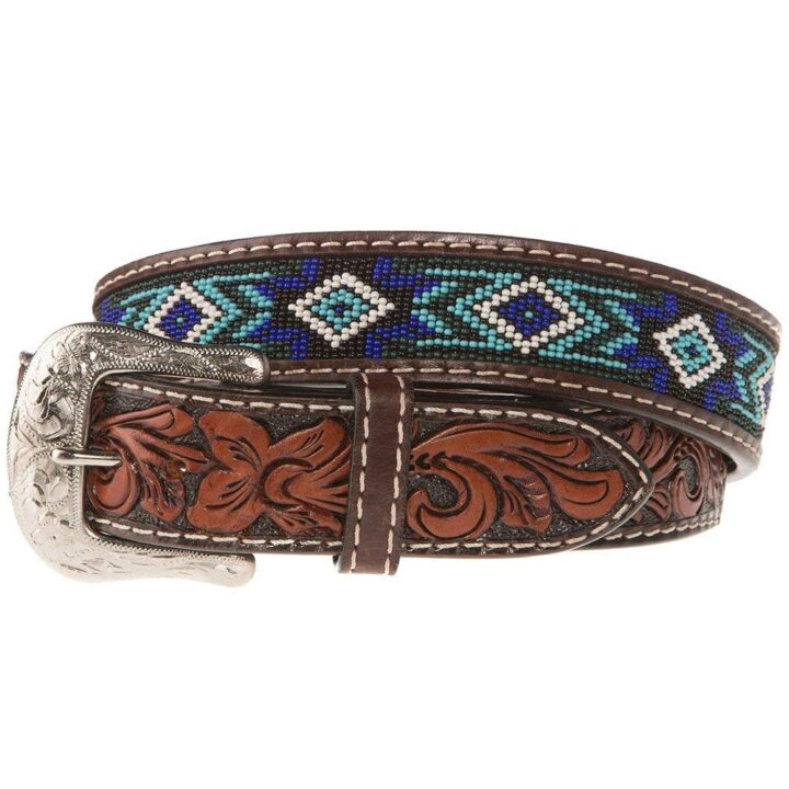 Western Fashion Accessories Mens Brown Belt With Blue And Turquoise Beading XIBB101 Brown 32