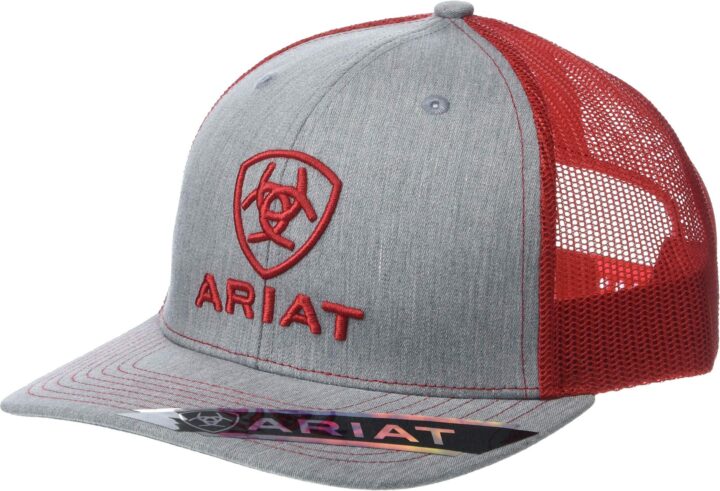ARIAT Men's Shield Cap, Trucker, Snapback, Grey and Red, One Size