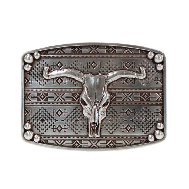 Nocona Men's Western Bull Skull Buckle with Engraved Inlay (Silver, 2-1/2" x 3-1/2")