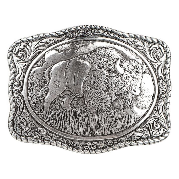 Nocona Men's Crumrine Silver Bison Scaloped Buckle, silver, One Size