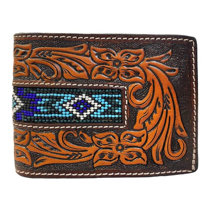 TWISTED X Men’s Blue Beaded Bifold Hand Painted/Hand Carved Leather Wallet