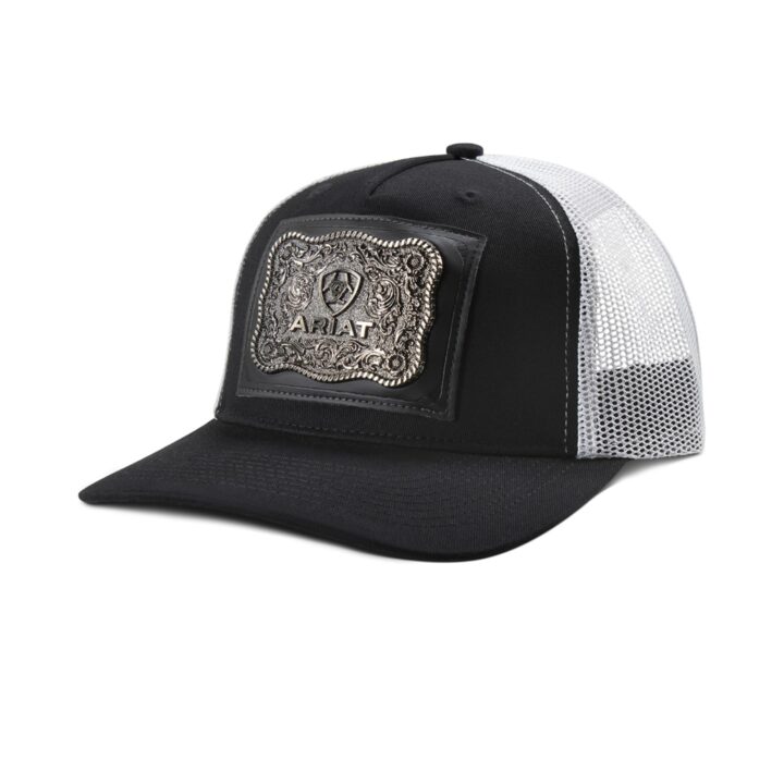 ARIAT Men's Buckle Concho Patch Snapback Cap, Mesh Back, Black/White