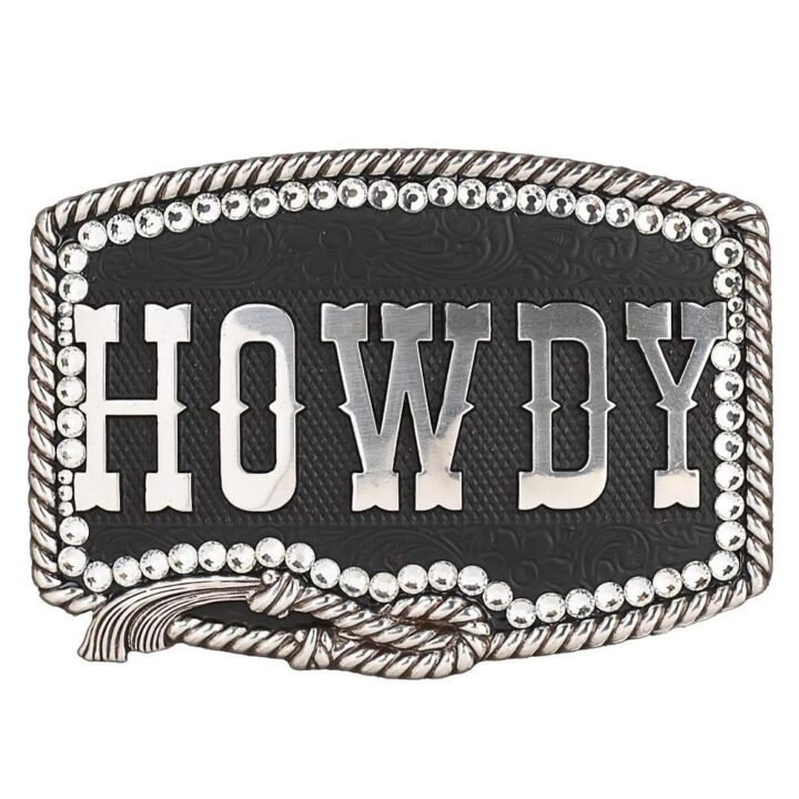 Nocona Women's 'Howdy' Buckle with Crystal Rope Edge and Floral Engraving (Antique Silver, 2-3/4" x 3-3/4")