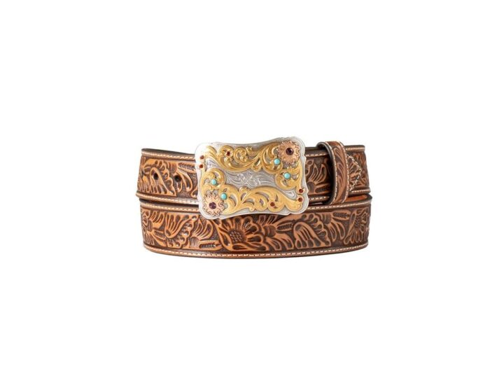 Nocona Belt Co. Women's Floral Embossed Scalloped Buckle Belt, Natural