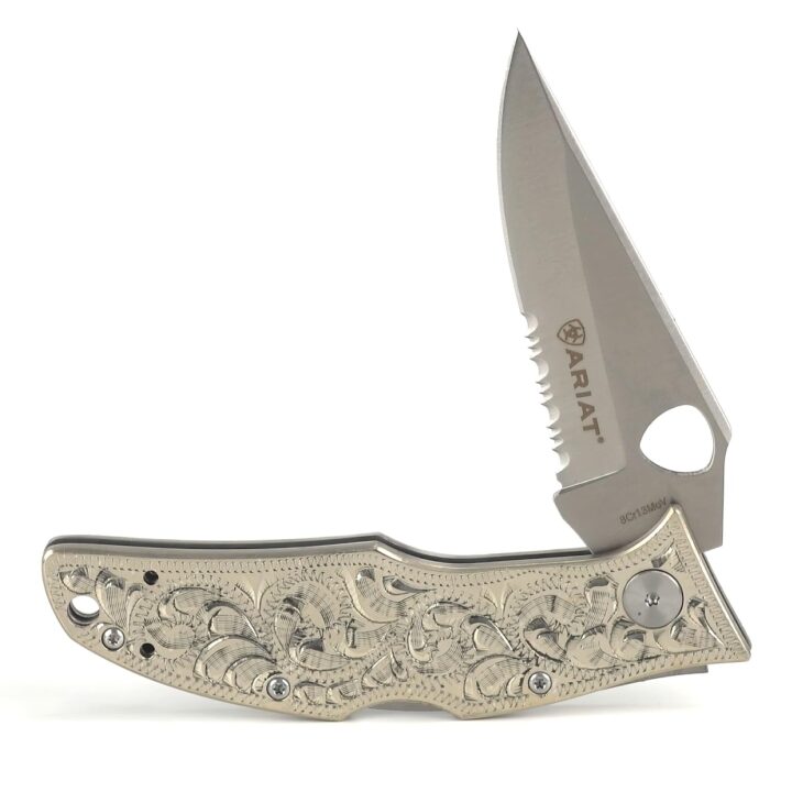 ARIAT Large German Folding Knife - Engraved Western Design (Silver Handle)
