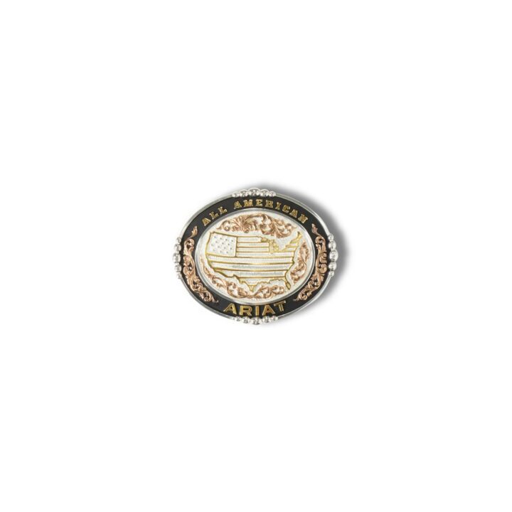ARIAT Oval Buckle, USA Motif, Beaded Edge, Silver and Gold, 3-1/4 x 4