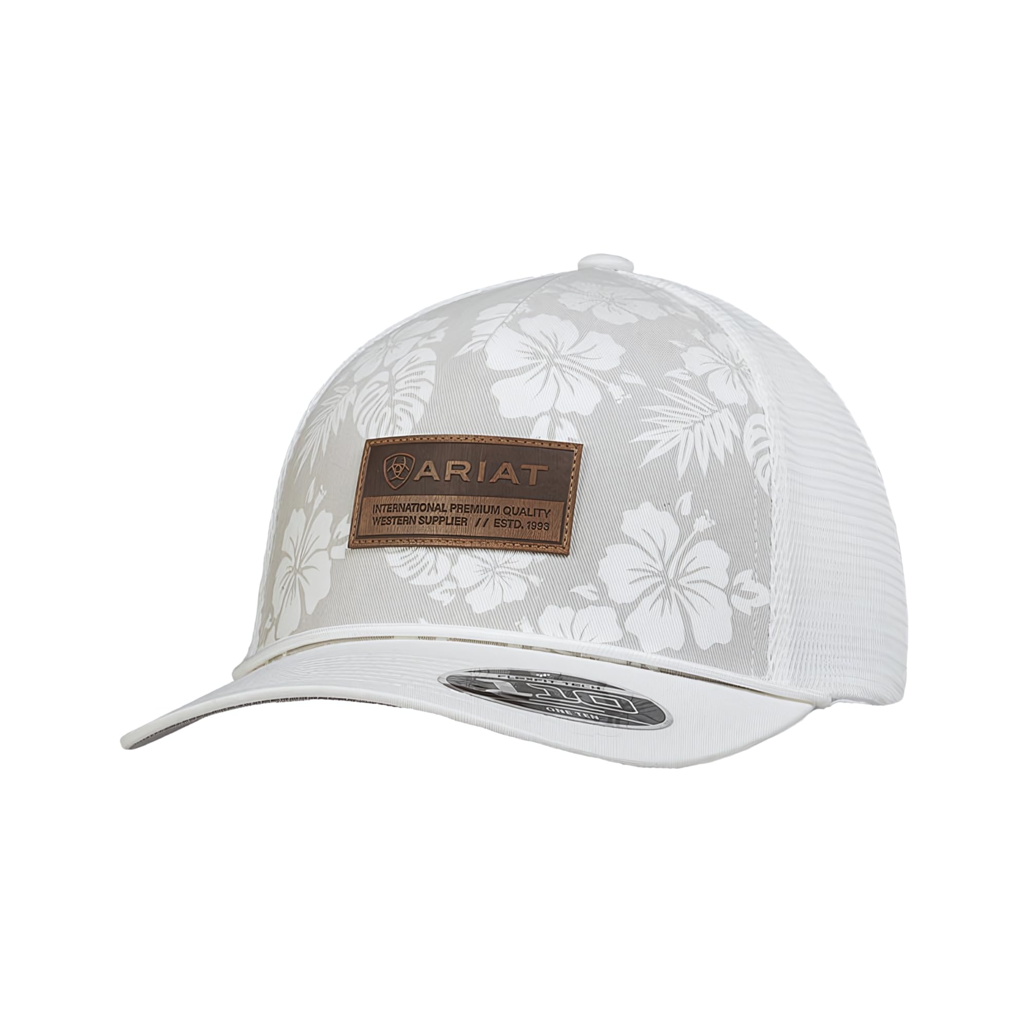 ARIAT Ladies White Hawaiian Flower Trucker Cap, Embossed Brown Patch