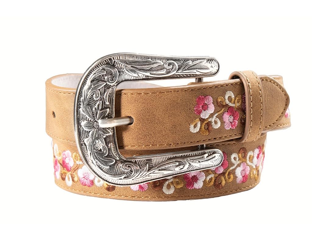 Angel Ranch Girls Belt 1 1/4" Embroidered Flowers Pink D130004530