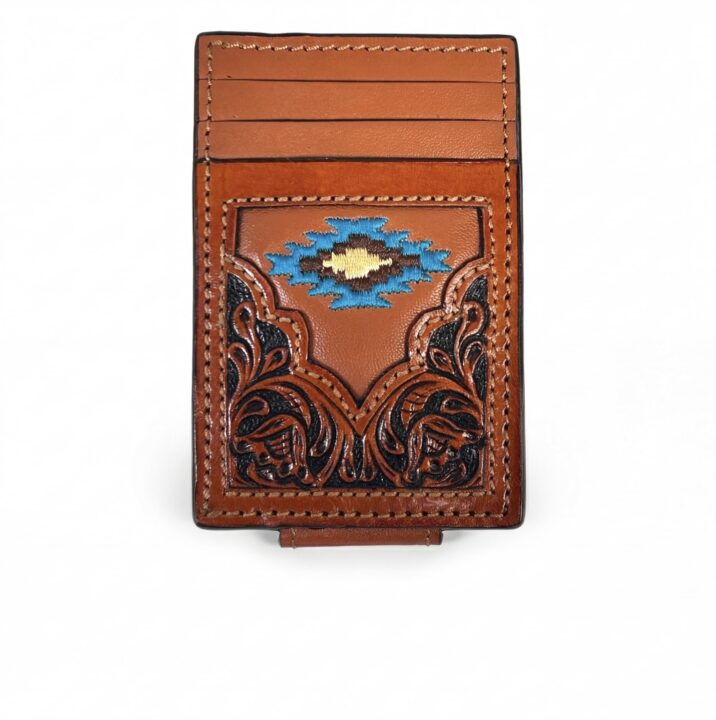 Twisted X Western Leather Money Clip Front Pocket Wallet for Men - Tooled Floral Design with Turquoise Southwestern Aztec Embroidery - Brown Genuine Leather Card Holder