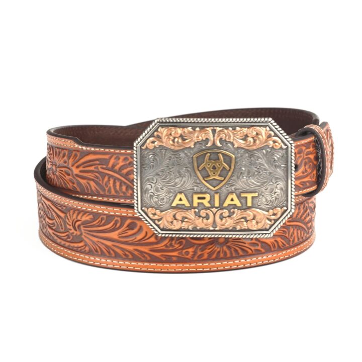 ARIAT Men's Two-Tone Scroll Buckle Belt, Floral Embossed Leather, Tan, 30