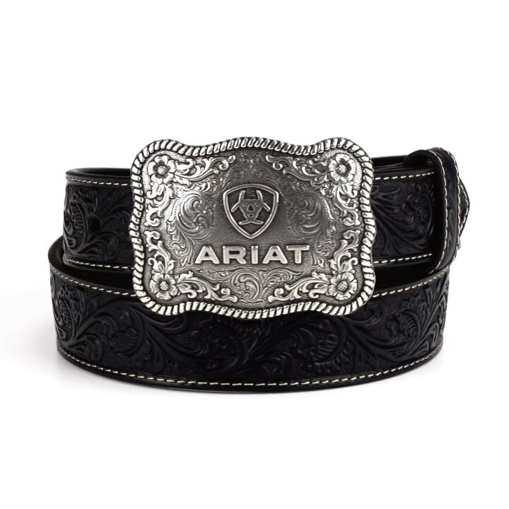 ARIAT Men's Floral Embossed Leather Belt with Silver Buckle, Black, 36