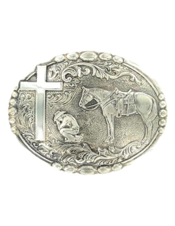 M&F Western Products Crumrine Antique Silver Cowboy Prayer Belt Buckle C15104, Metallic, 00