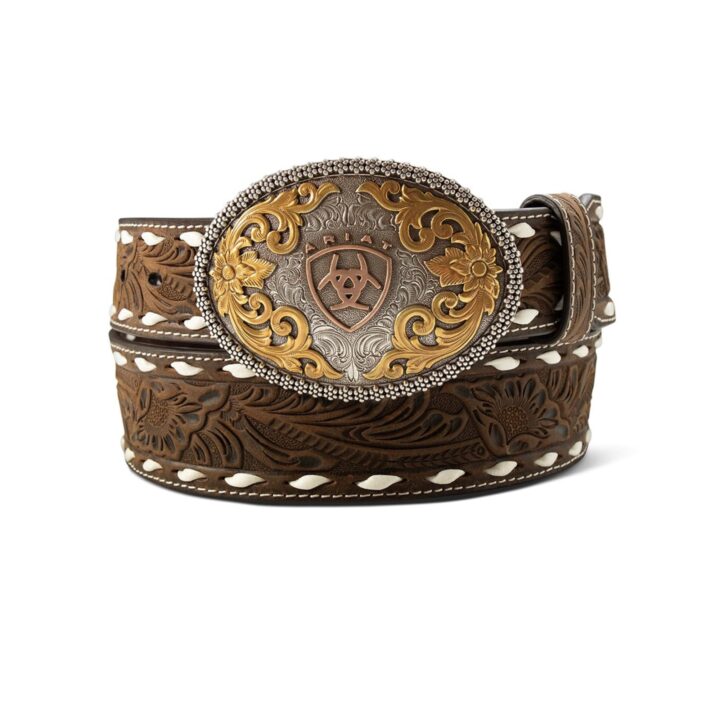 ARIAT Men's Leather Floral Embossed Oval Multi Finish Belt, Aged Bark, 32