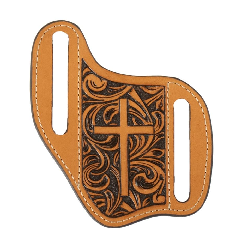 3D Belt Genuine Leather Knife Sheath with Embossed Cross Design, Pancake Style with Belt Loops, Tan
