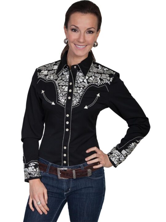 Scully Floral Embroidered snap Front Western Shirt PL654 SIL **, Silver, Large
