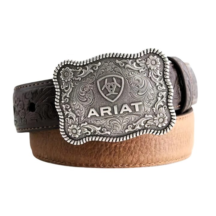 ARIAT Youth Boys Western Distressed Leather Floral Accented Belt, Brown, 18