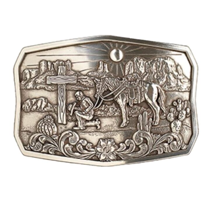 Nocona Rectangle Praying Cowboy Cactus Antique Silver