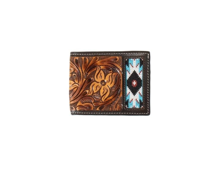 3D Belt Mens Bifold Wallet Hand Tooled Floral Embroidered Inlay, Brown