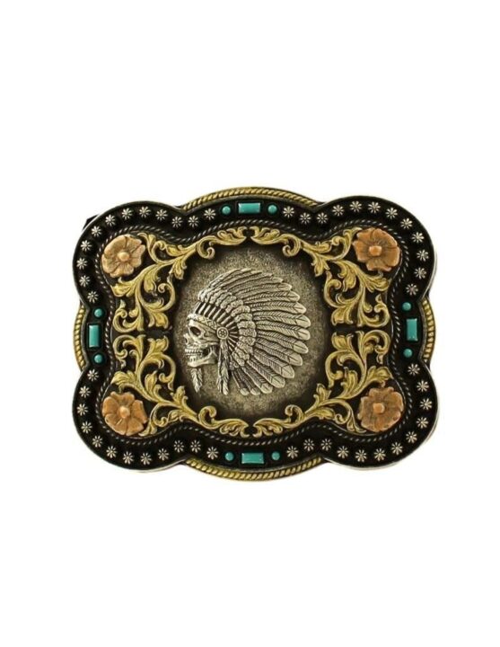 Nocona Men's Indian Chief Skull Floral Scroll Antique Silver Western Belt Buckle 37038