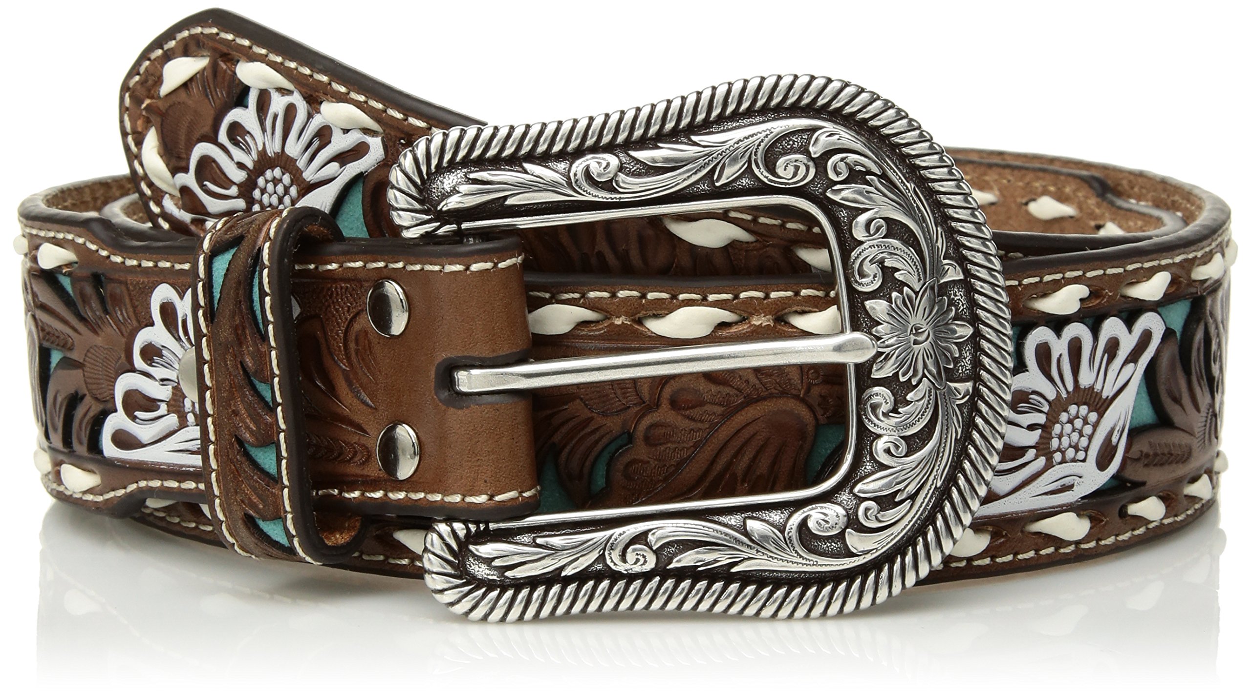 Nocona Belt Co. Women's Nocona Painted Flower Buck Tirquoise Inlay Belt Accessory, brown, Extra Large