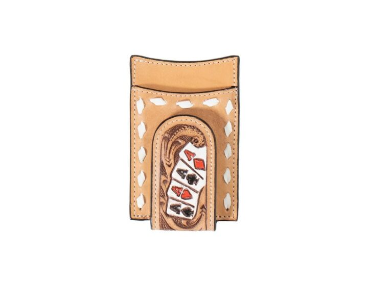 3D Belt Mens Money Clip Hand Painted Ace Cards, Natural