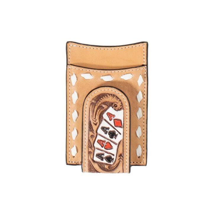 3D Belt Mens Money Clip Hand Painted Ace Cards, Natural