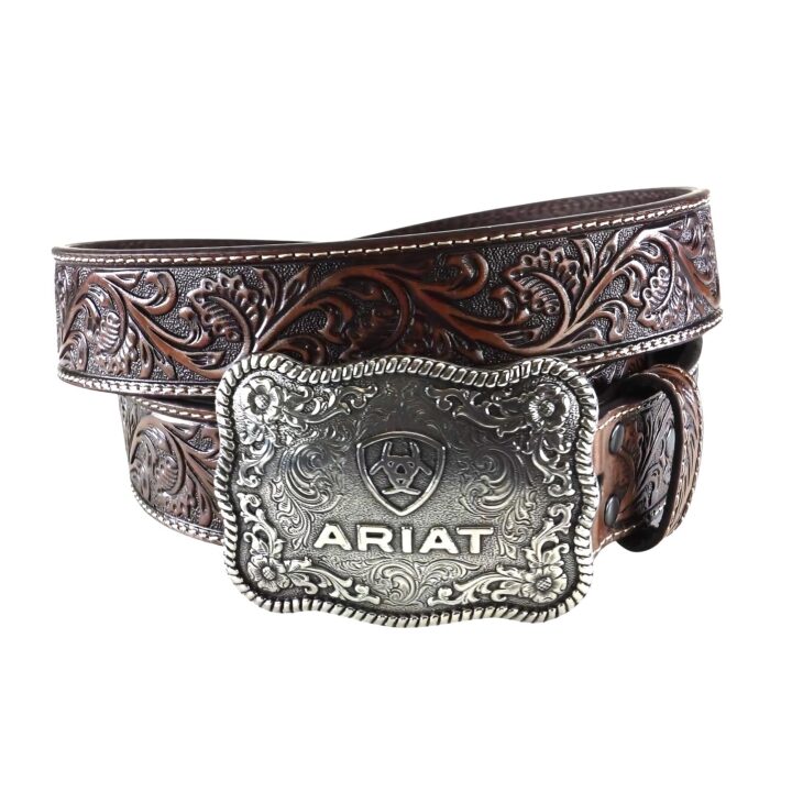 ARIAT Men's Floral Embossed Leather Belt, Silver Buckle